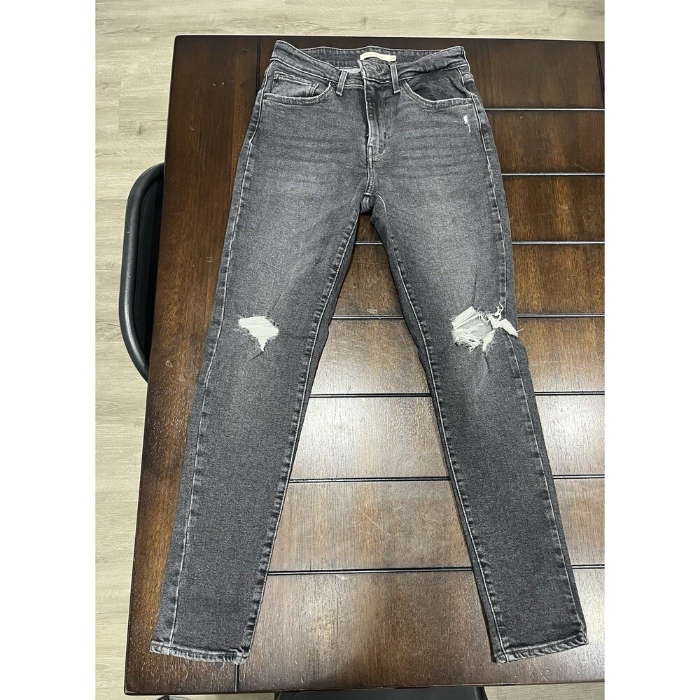 Levi’s 721 High Rise Skinny Jeans Womens 28 Black Distressed Leather Patch Denim